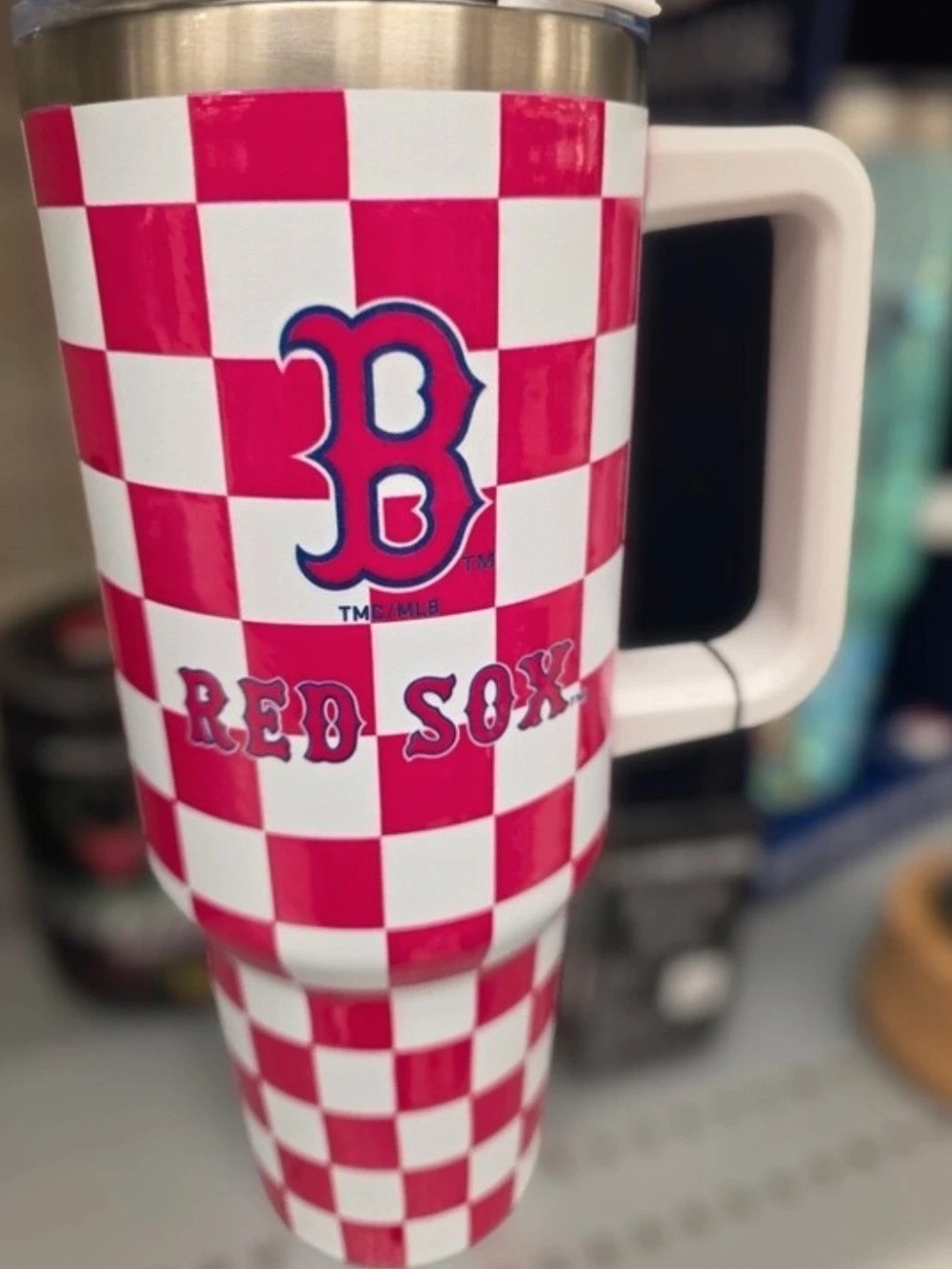 Boston Red Sox Pink & White Checkered Insulated Travel Mug with Handle & Straw